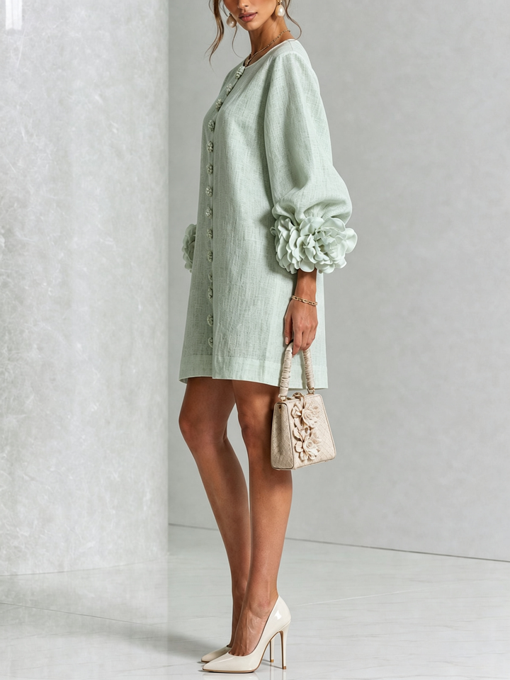 White Mini Dress with Flower Buttons and Eccentric Flower Sleeves