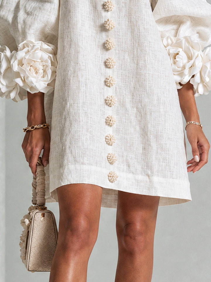 White Mini Dress with Flower Buttons and Eccentric Flower Sleeves