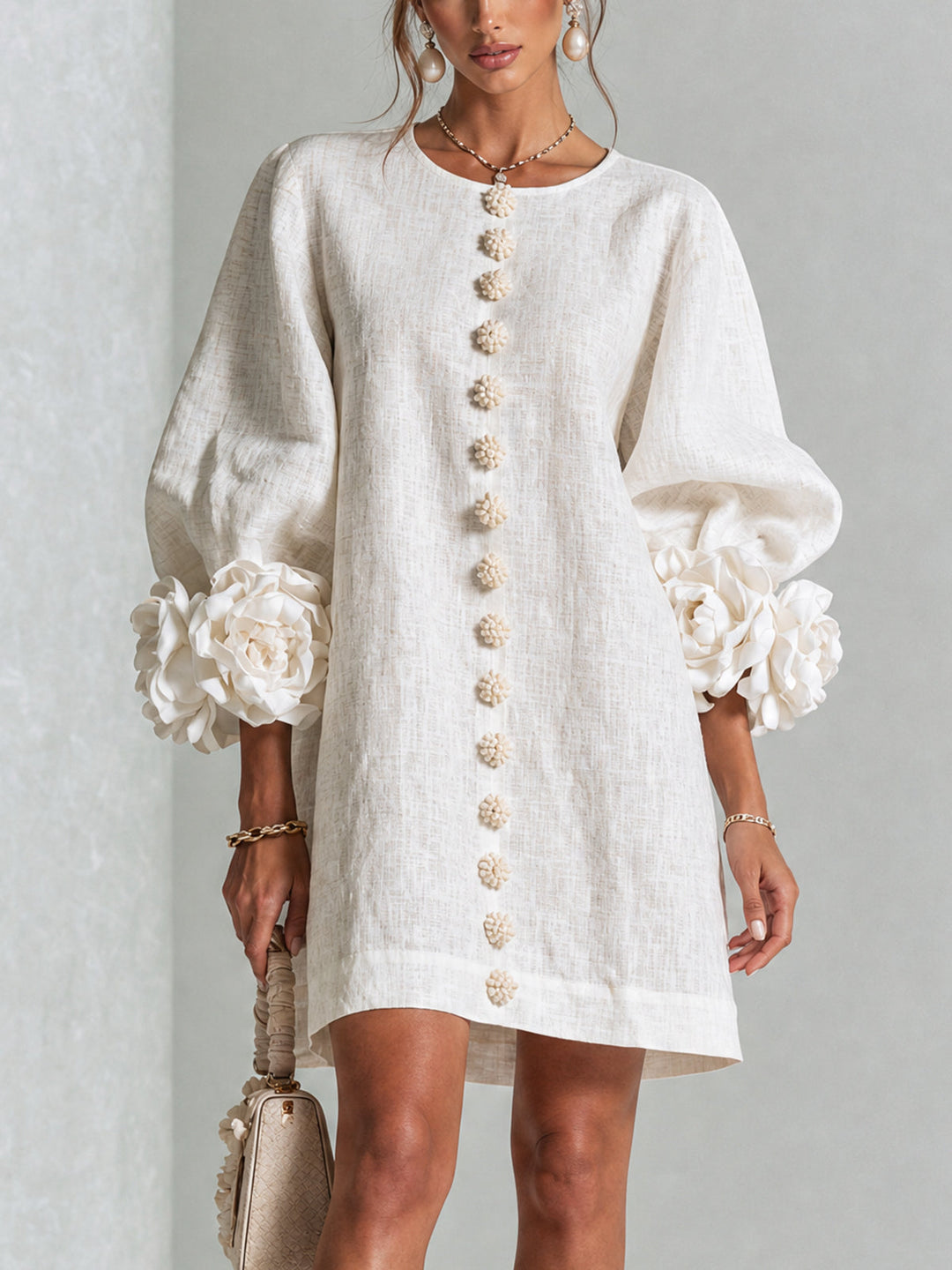 White Mini Dress with Flower Buttons and Eccentric Flower Sleeves