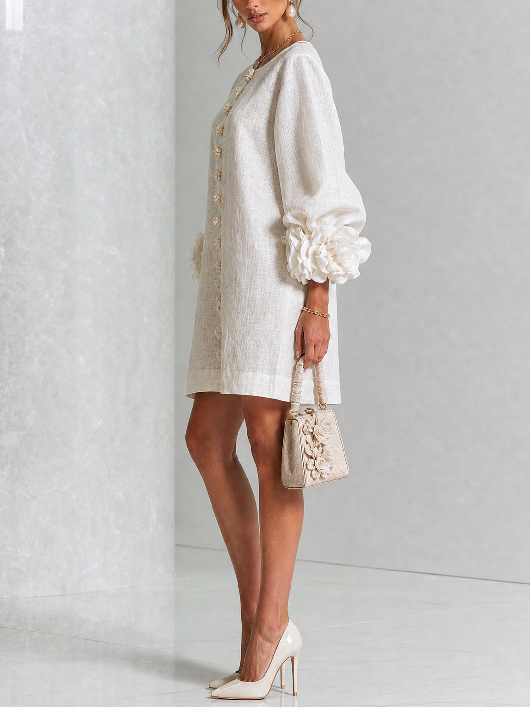 White Mini Dress with Flower Buttons and Eccentric Flower Sleeves