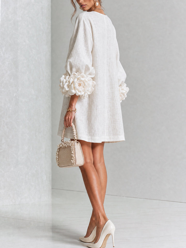 White Mini Dress with Flower Buttons and Eccentric Flower Sleeves
