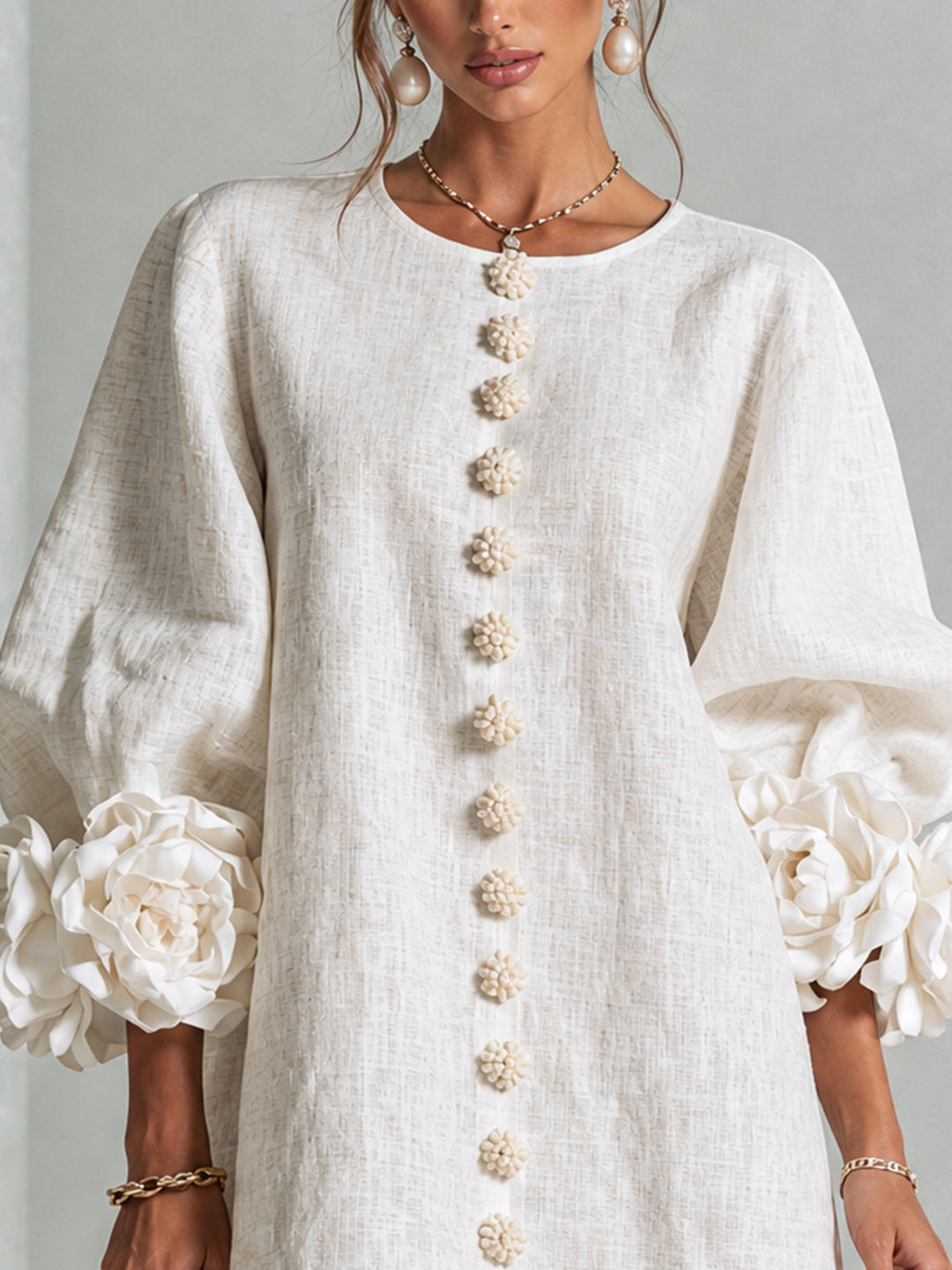 White Mini Dress with Flower Buttons and Eccentric Flower Sleeves