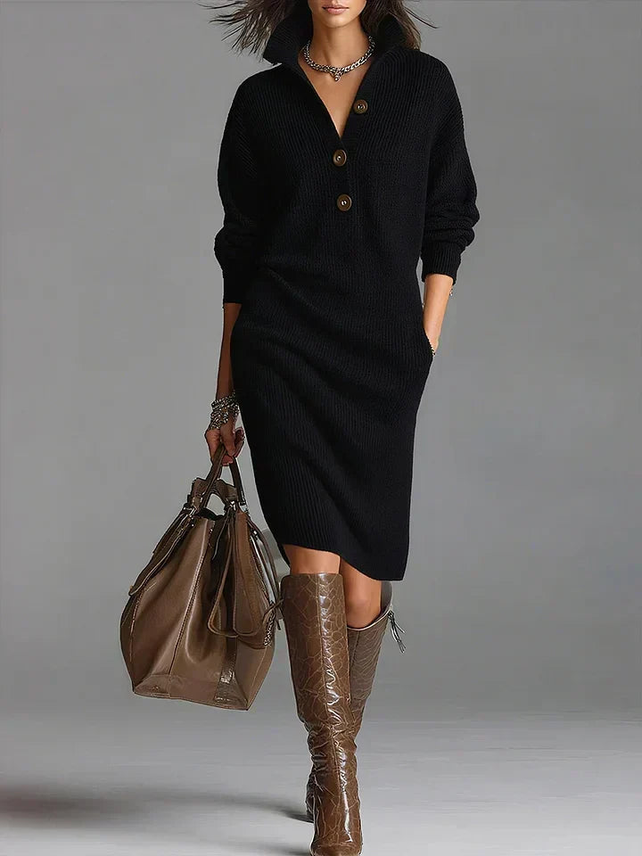 Lorena - Elegant knitted dress with collar and front buttons