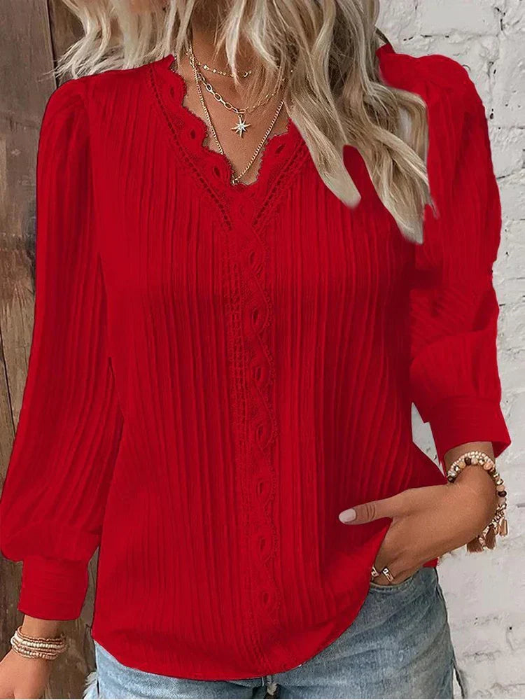Delilah | Women's V Neck Ribbed Long Sleeve Blouse