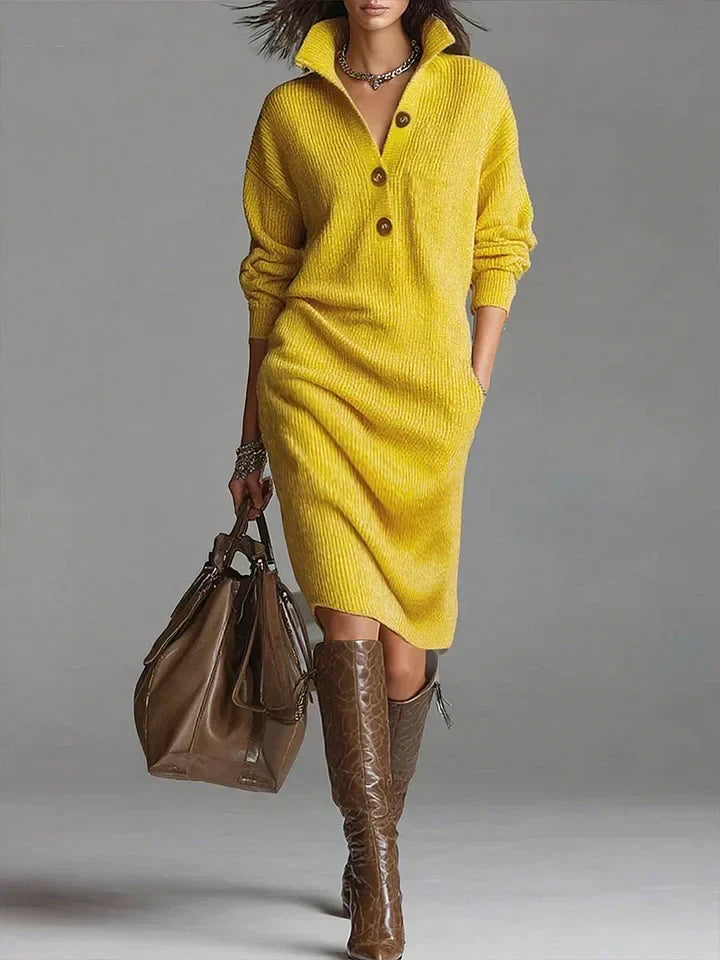 Lorena - Elegant knitted dress with collar and front buttons