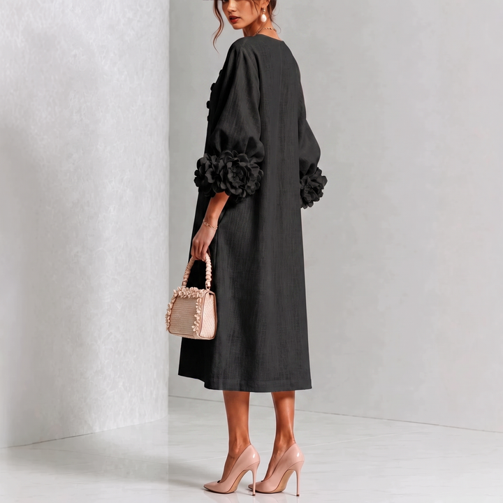 Ivy | Floral Midi Dress with Rose-Cuff Sleeves