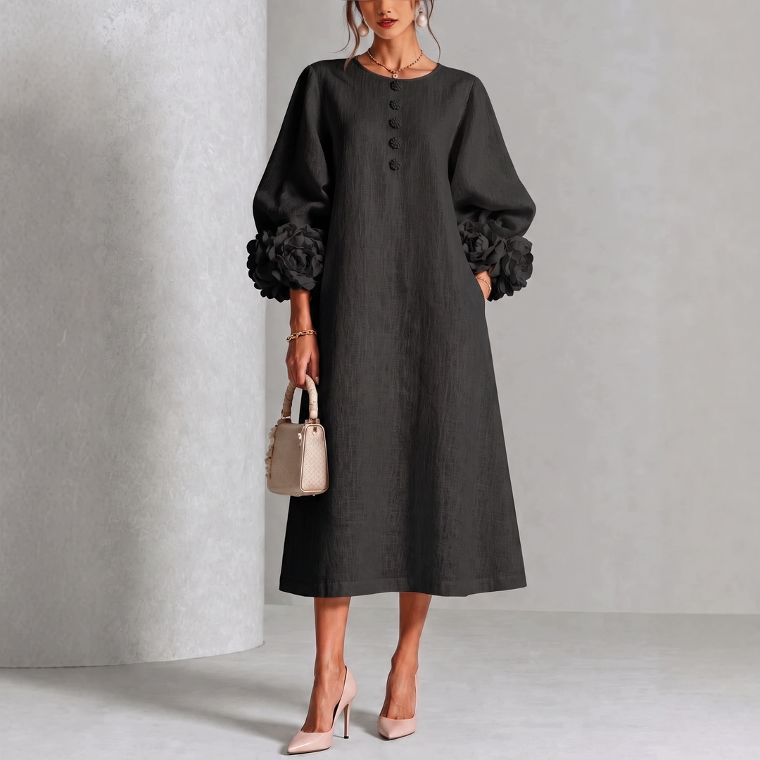 Ivy | Floral Midi Dress with Rose-Cuff Sleeves