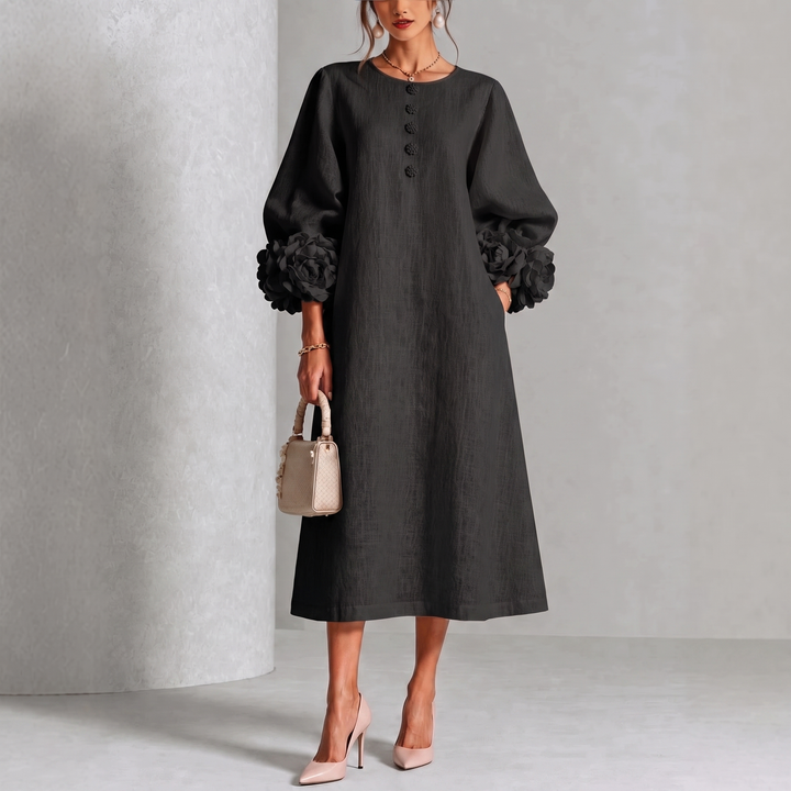 Ivy | Floral Midi Dress with Rose-Cuff Sleeves