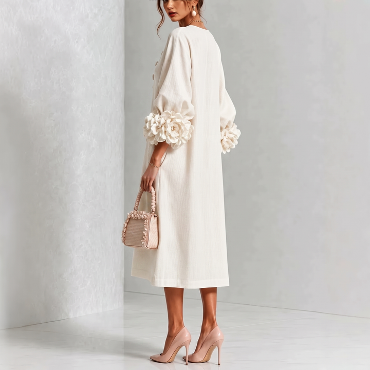 Ivy | Floral Midi Dress with Rose-Cuff Sleeves