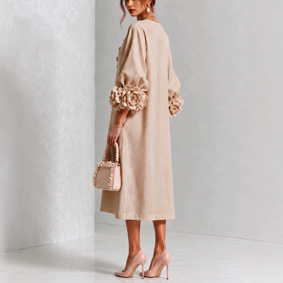 Ivy | Floral Midi Dress with Rose-Cuff Sleeves