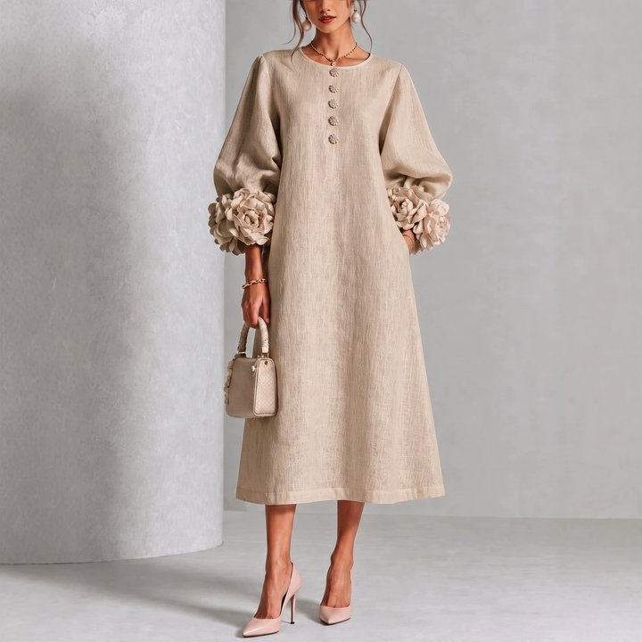 Ivy | Floral Midi Dress with Rose-Cuff Sleeves