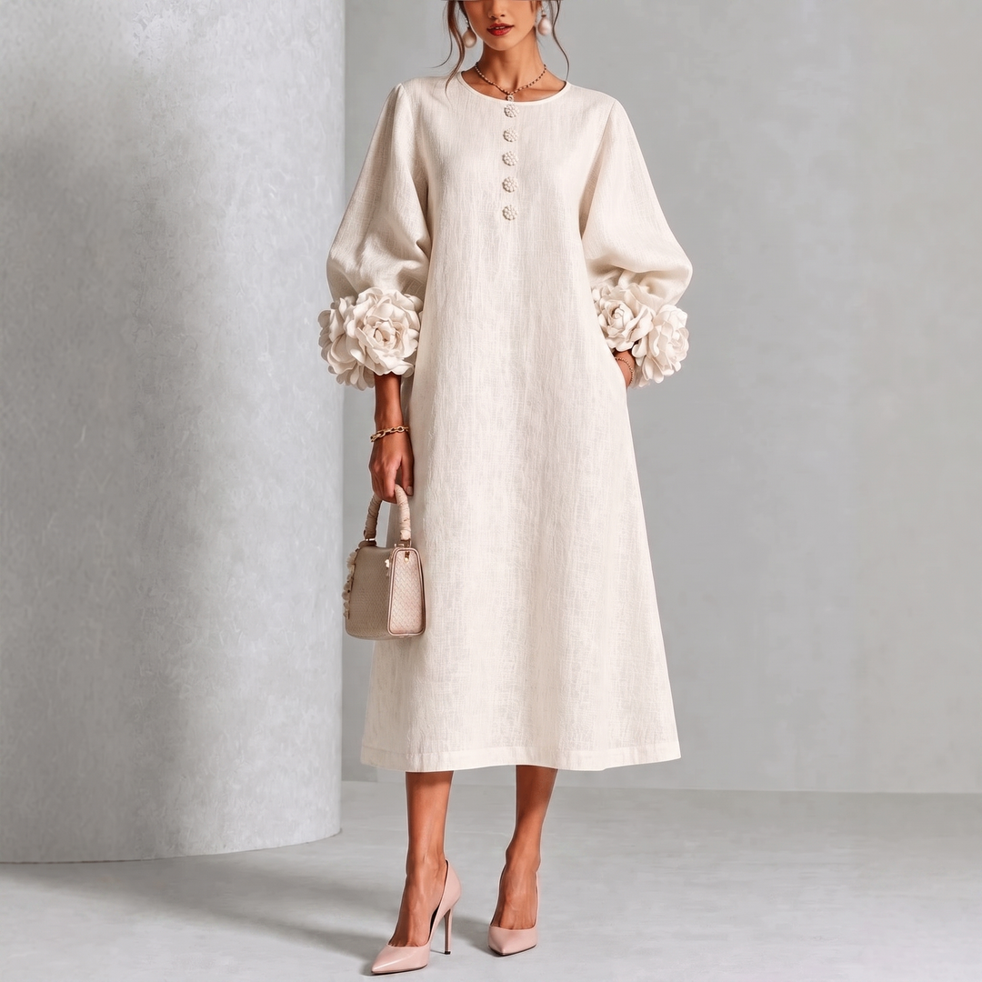 Ivy | Floral Midi Dress with Rose-Cuff Sleeves