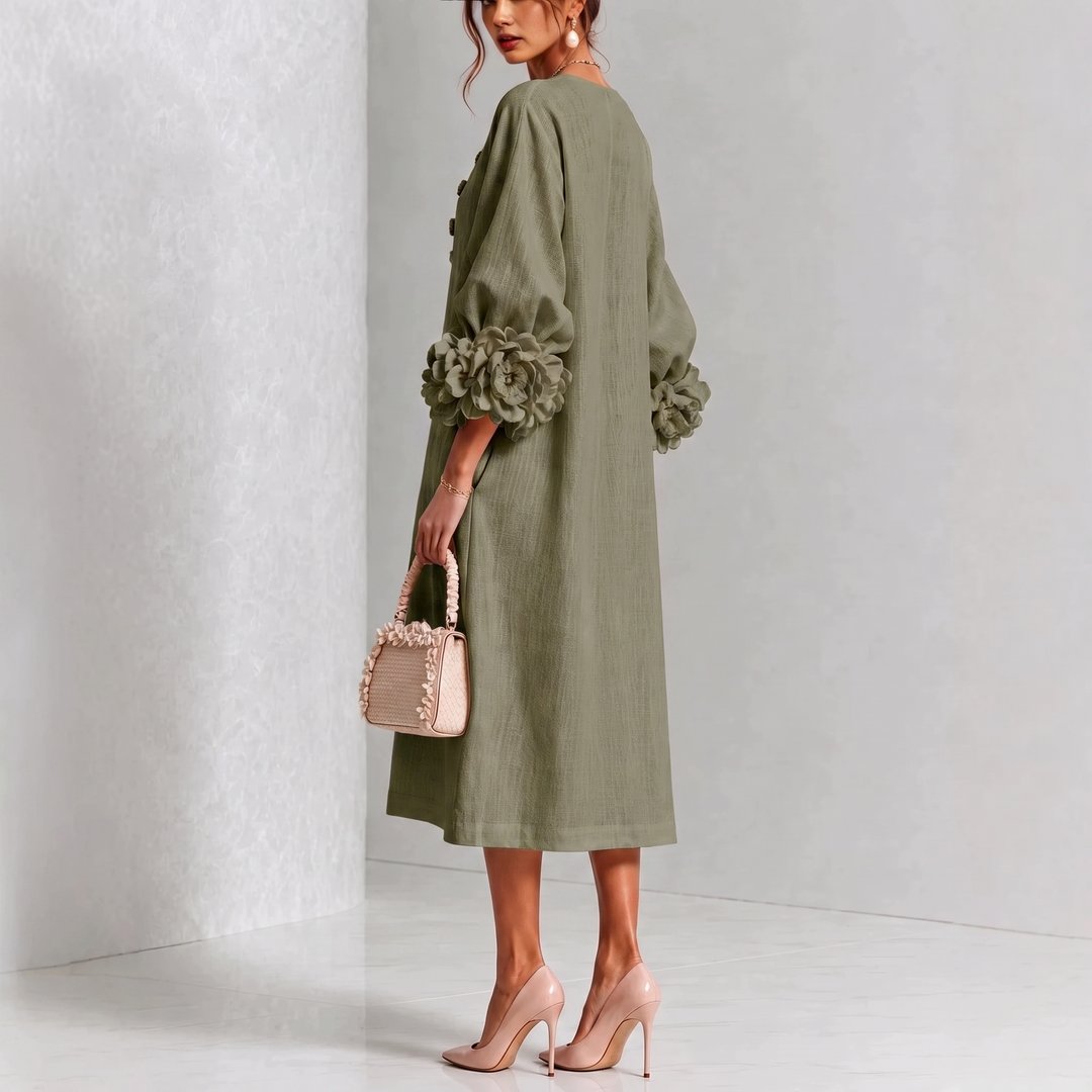 Ivy | Floral Midi Dress with Rose-Cuff Sleeves