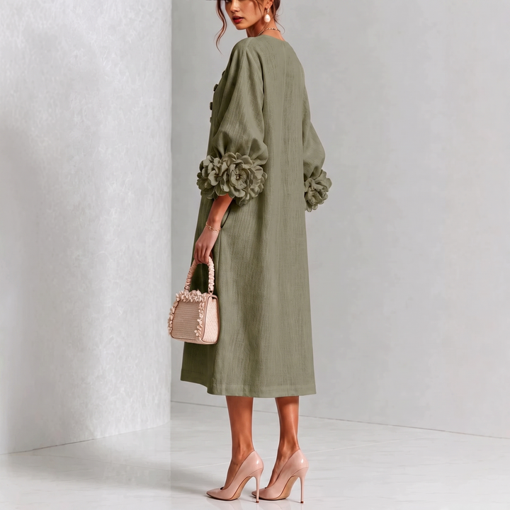 Ivy | Floral Midi Dress with Rose-Cuff Sleeves