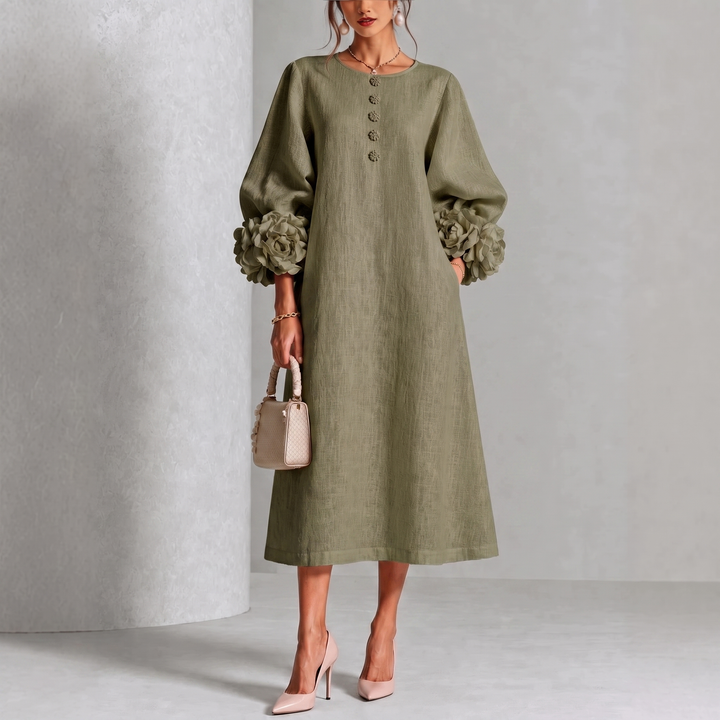 Ivy | Floral Midi Dress with Rose-Cuff Sleeves